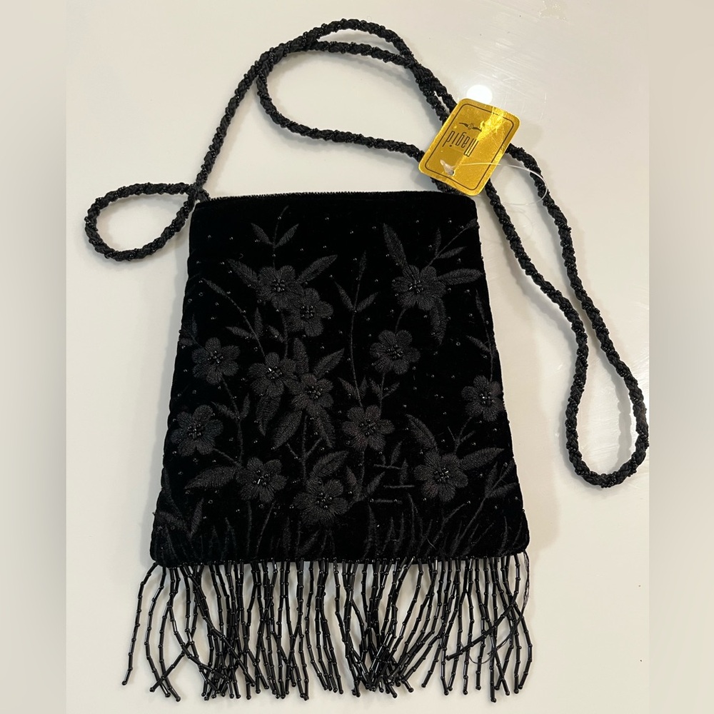 Magid Black Velvet Beaded Floral Party Bag